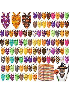 200 Pcs Halloween Dog Bandanas - Pumpkin, Ghost, Bat & Spider Web Designs